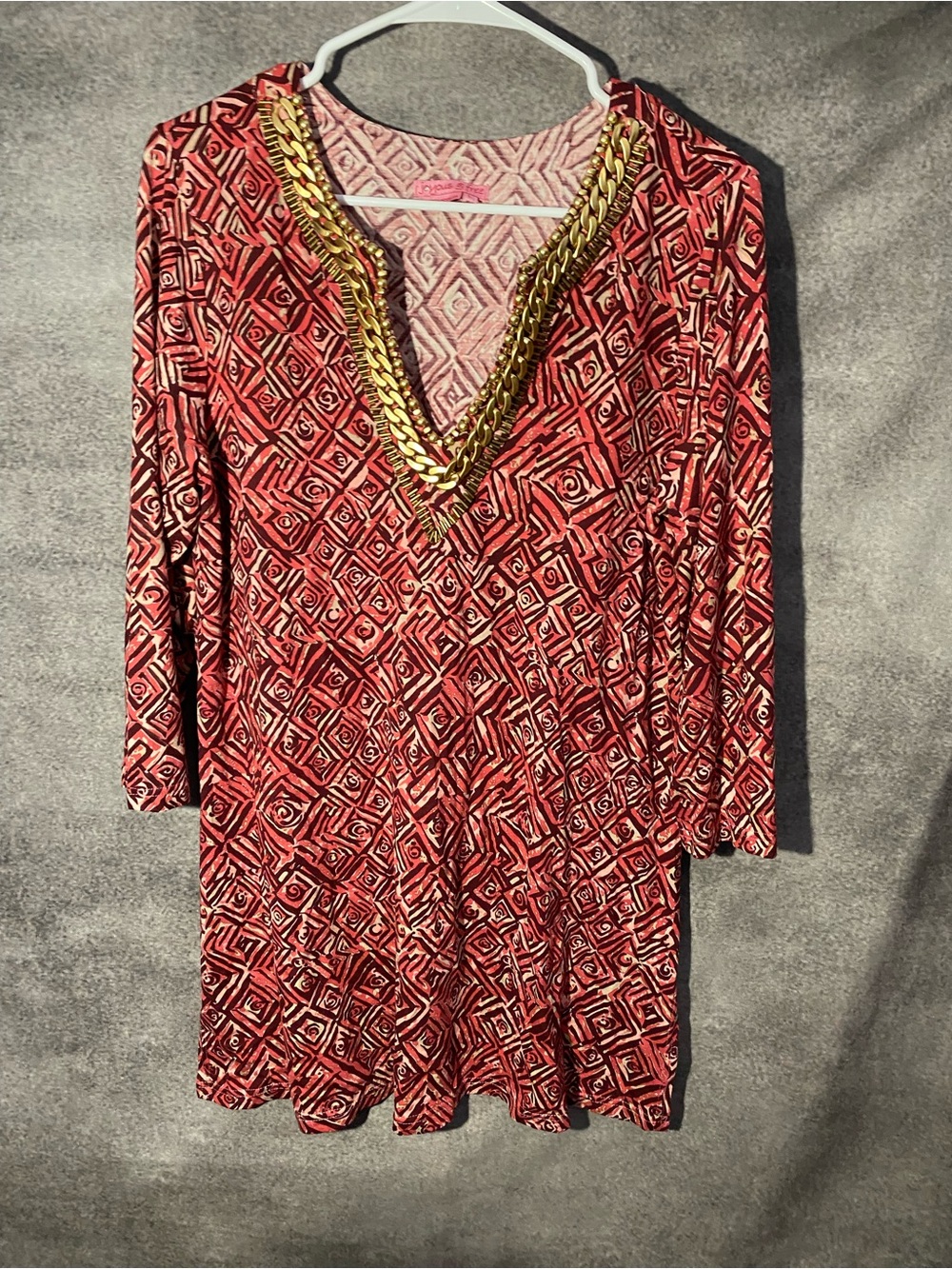 Joyous & Free Tunic Mini Dress L Pink Geometric Gold Chain Neck Resort Cover Up